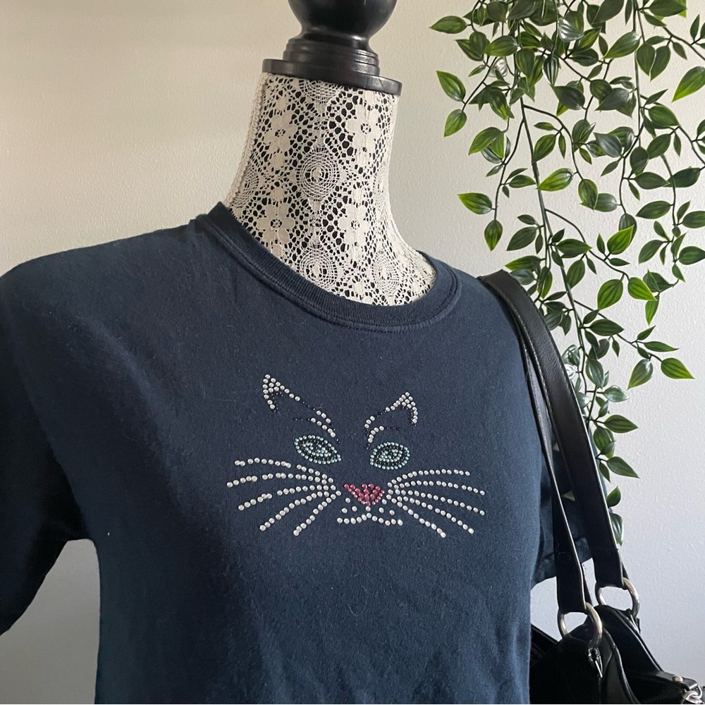 Y2K Dark Blue T-Shirt with Cat Rhinestone Design Size S - 100% cotton